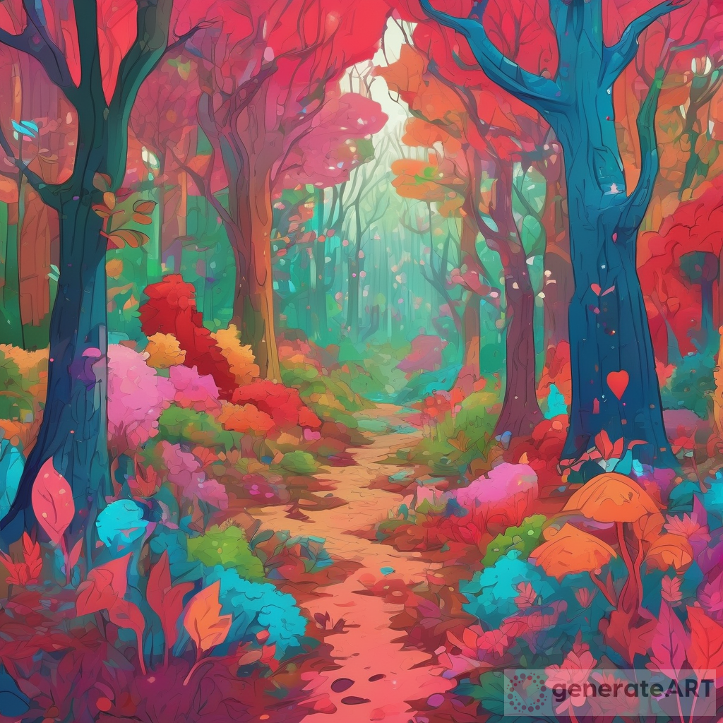 A Colorful Forest: Trees with Different Colored Leaves, Faces in the Background, and Vibrant Flowers