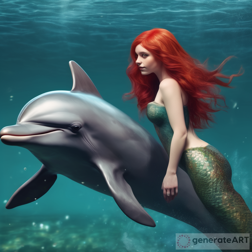 Full-Length Mermaid with Red Hair Swimming with a Dolphin: Realistic Style