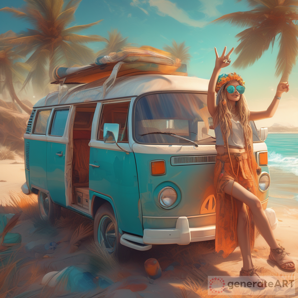 Crafting Engaging Blog Content: A White Hippie Girl, Sunglasses and the Peace Sign Near a Vintage Combi at the Beach