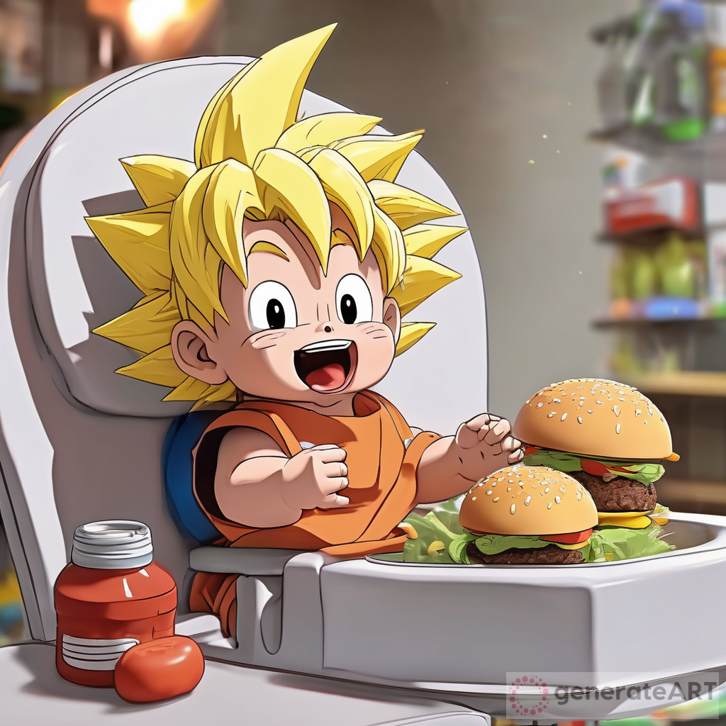 Adorable 3D Baby Goku enjoys their first bite of a hamburger