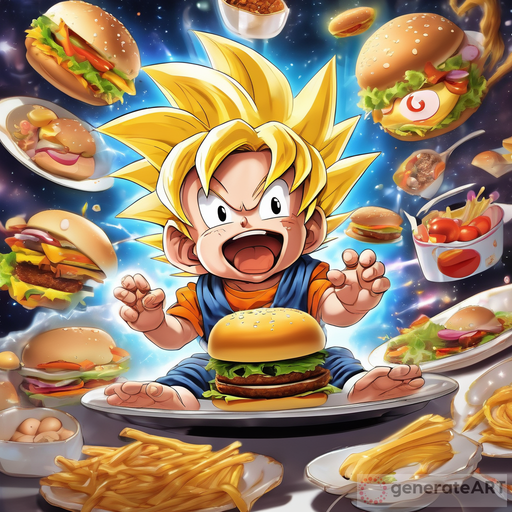 3D Baby Goku with Yellow Hair Enjoying a Hamburger - Bringing Joy and ...