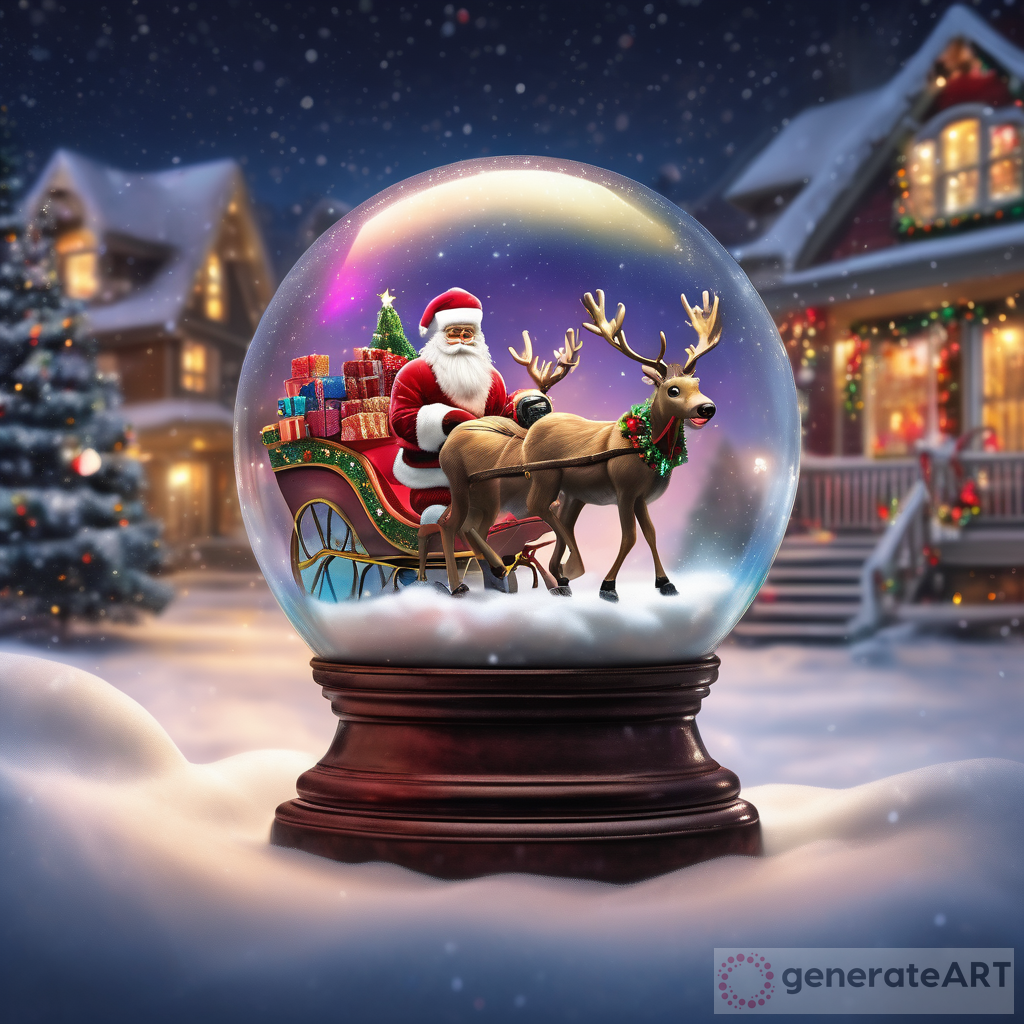 A Photorealistic View of Santa Claus and his Reindeer inside a Crystal Ball