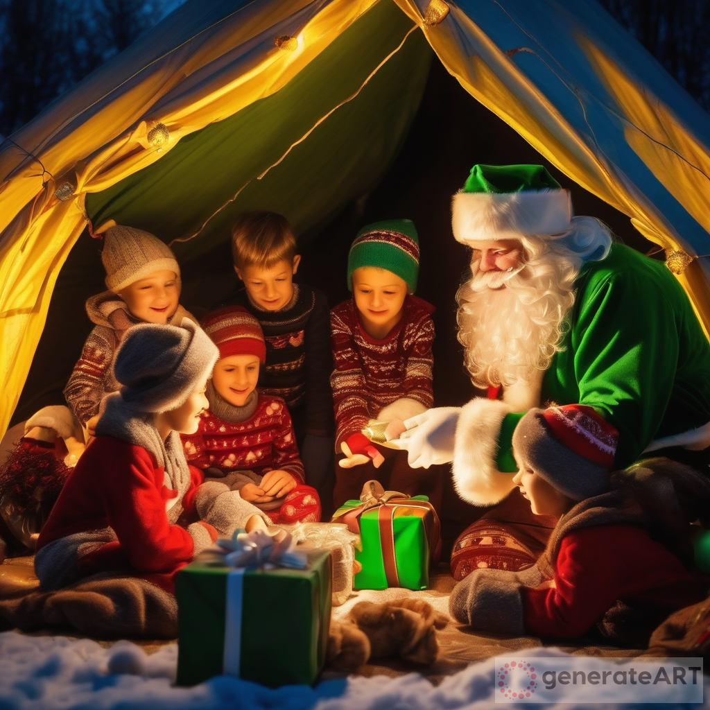 Santa Claus Giving Gifts for Ukrainian Children in a Festive Tent