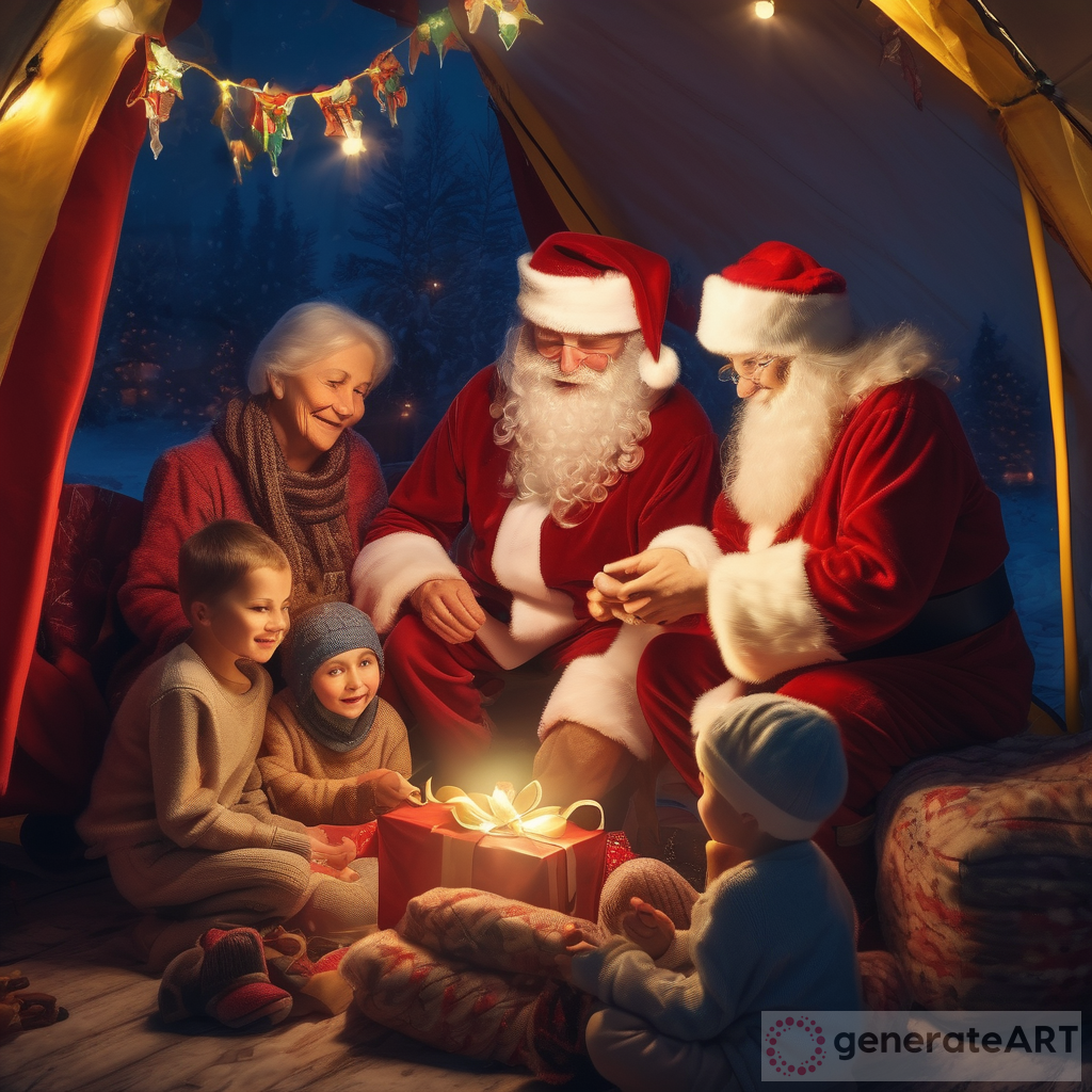 Santa Claus Bringing Gifts to Ukrainian Children in a Warmly Lit Tent with Their Grandmothers