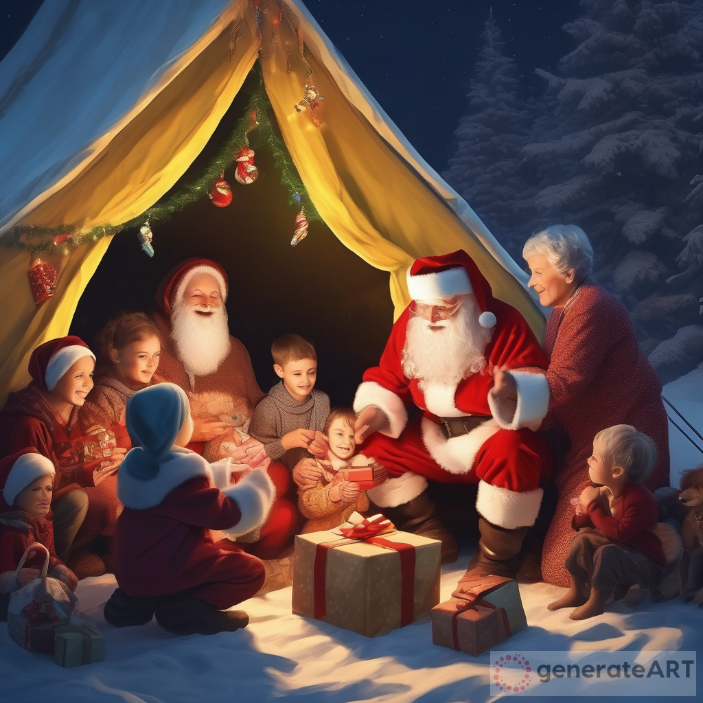 Santa Claus Giving Gifts for Ukrainian Children in a Cozy Tent with Warm Lighting and Grandmothers