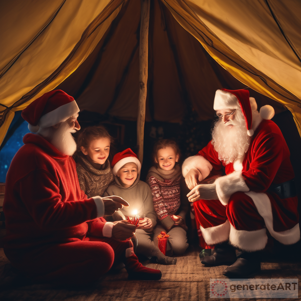 Santa Claus Giving Gifts for Ukrainian Children Inside a Cosy Tent with Warm Lighting