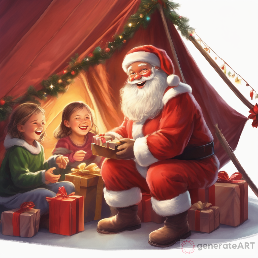 A Cozy Christmas scene: Santa Claus giving gifts in a warm tent full of joyful children and grandparents
