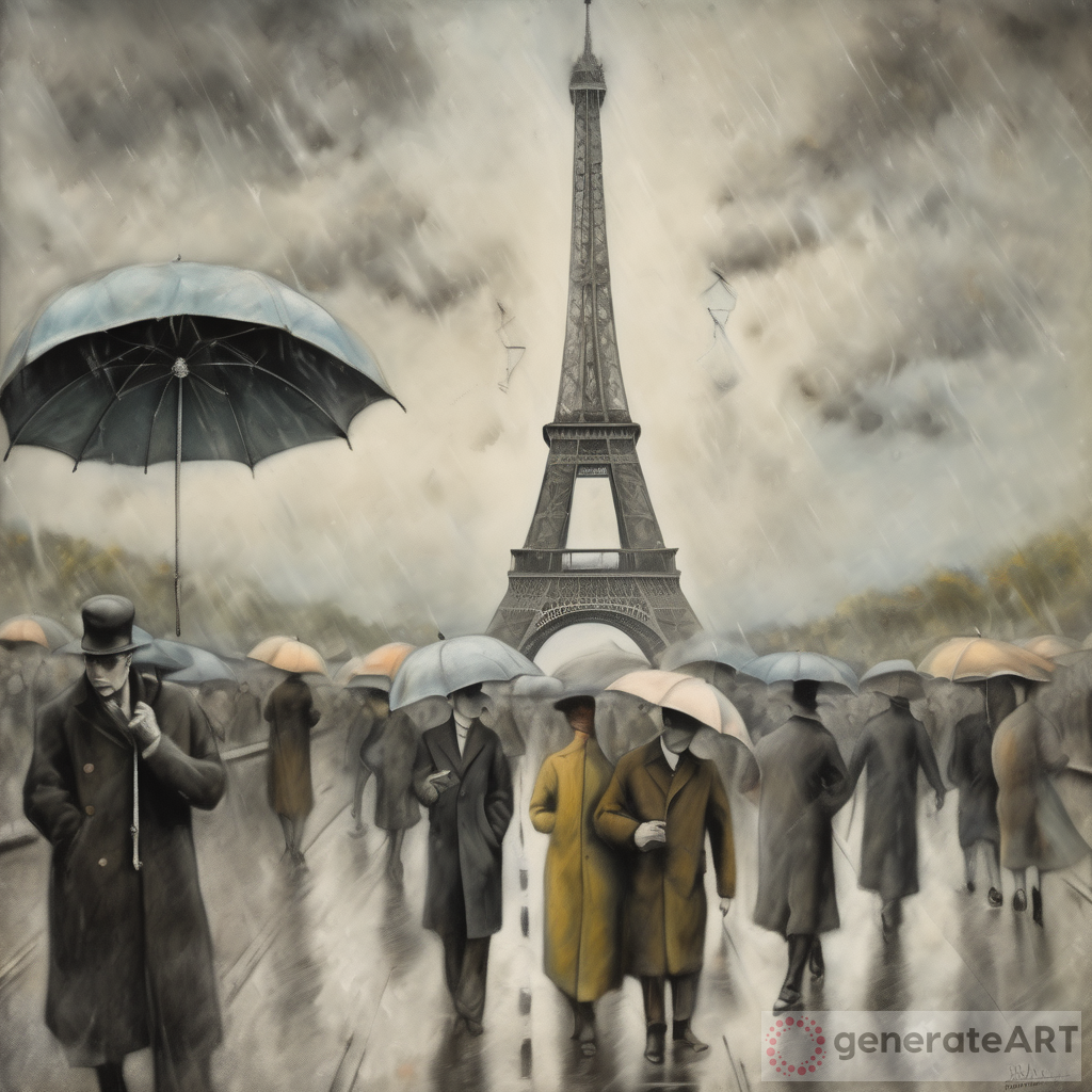 Dadaism and Surrealism: Exploring People at the Eiffel Tower on a Rainy 1920's Day