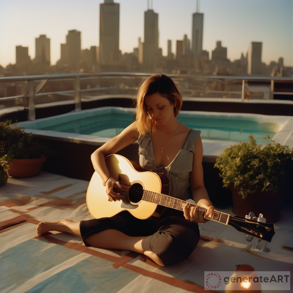 A Woman Serenading the Golden Hour: Gibson Guitar on a Rooftop Terrace