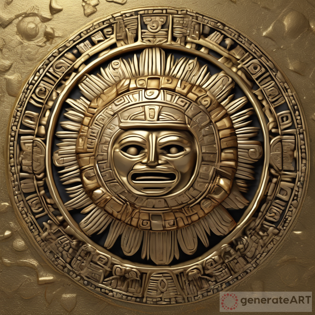 Capturing the Beauty of Aztec Sun Stone: A Hyper-Realistic Gold Toned Masterpiece with Mexican Coat of Arms