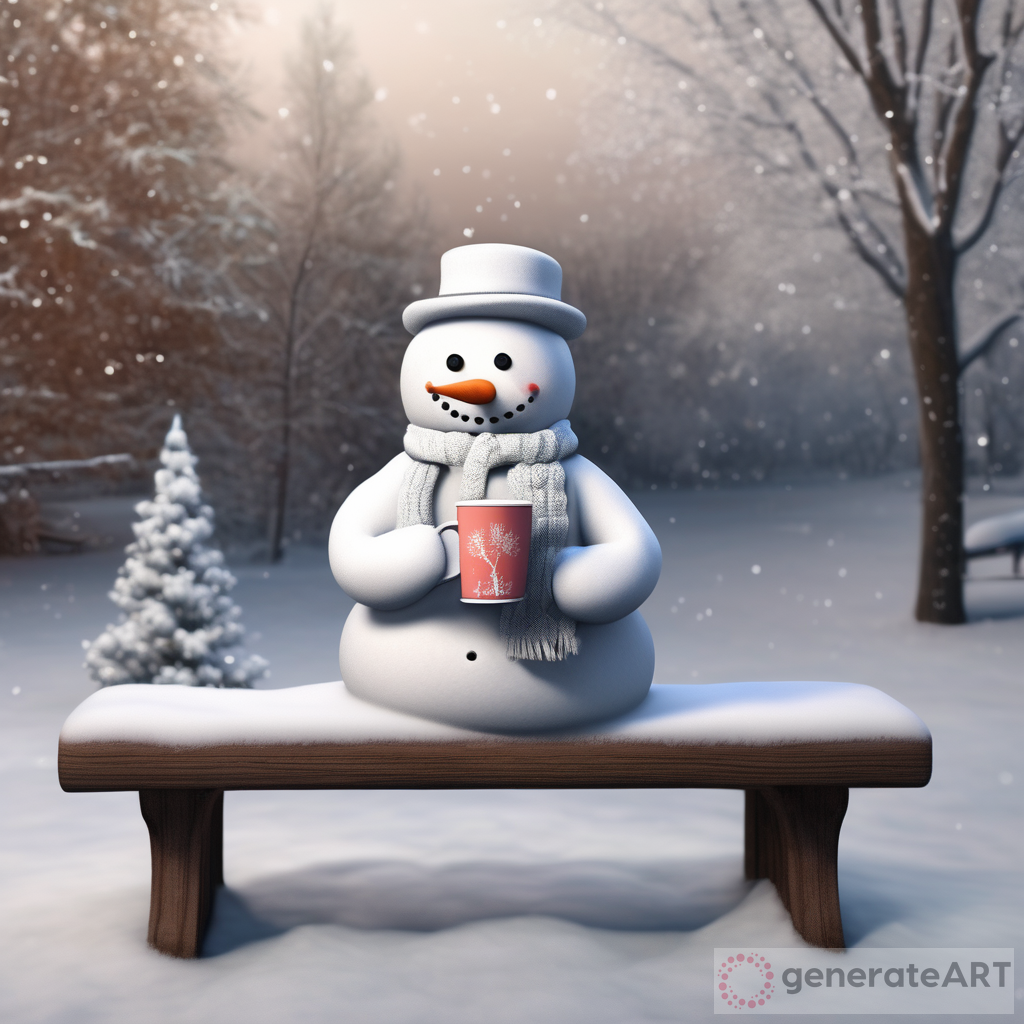 A Cozy Winter Scene: Snowman Enjoying Hot Cocoa on a Bench