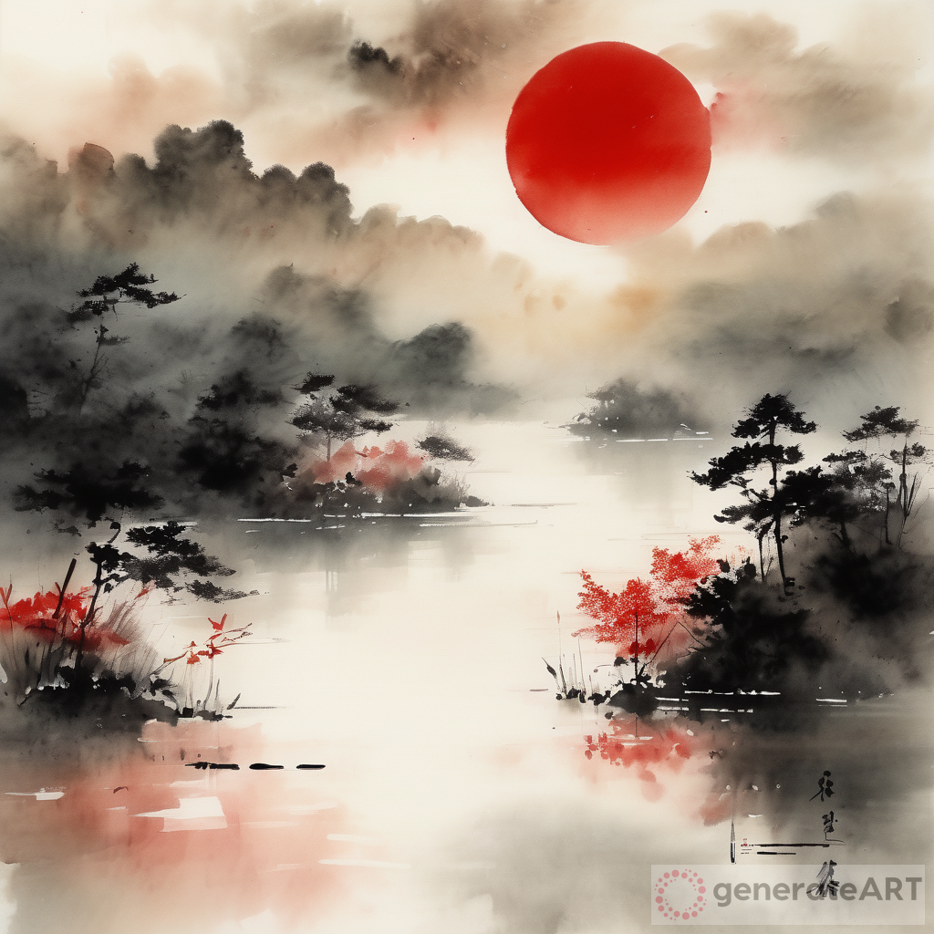 Captivating Serenity: Muted Chinese Ink Painting of a Lakeside Morning