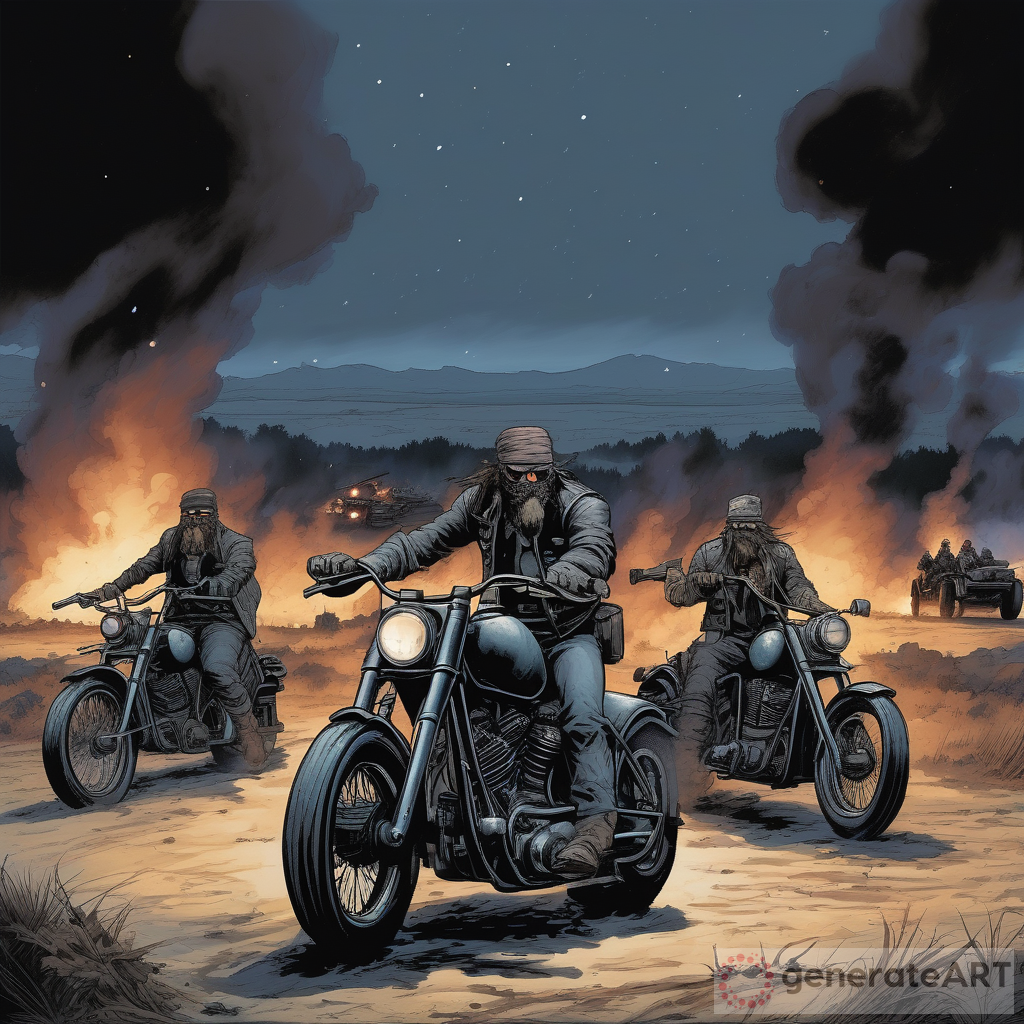 Dark and Starry Night on a Smoke-Filled Battlefield: Modern Era Bikers, Roaring Bonfire, and More