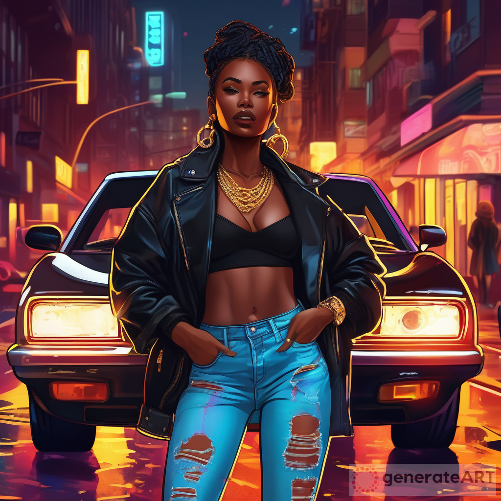 Discover the Vibrant Neon Art Style: A Fashionable Black Woman and Her Nighttime Adventure