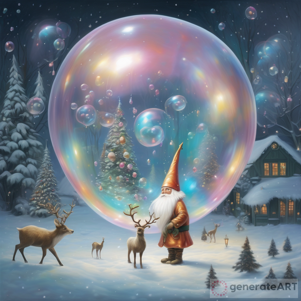 A Whimsical Winter Wonderland: Giant Iridescent Bubble, Gnome, Reindeer, and Christmas Trees