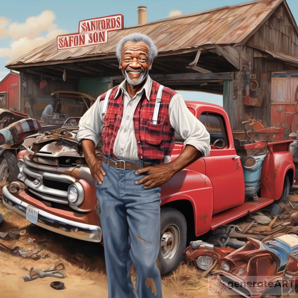 A Vibrant Illustration of Fred Sanford in a Junkyard with a Classic Ford Truck