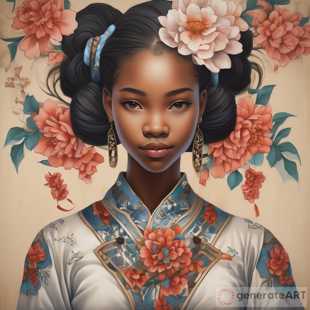 Chinese-Style Painting: Traditional Floral Adornments on an African American Girl