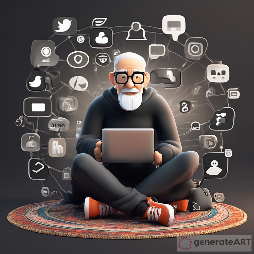 Cheerful Old Man Playing with Laptop on Carpet with Social Media Logo in Background