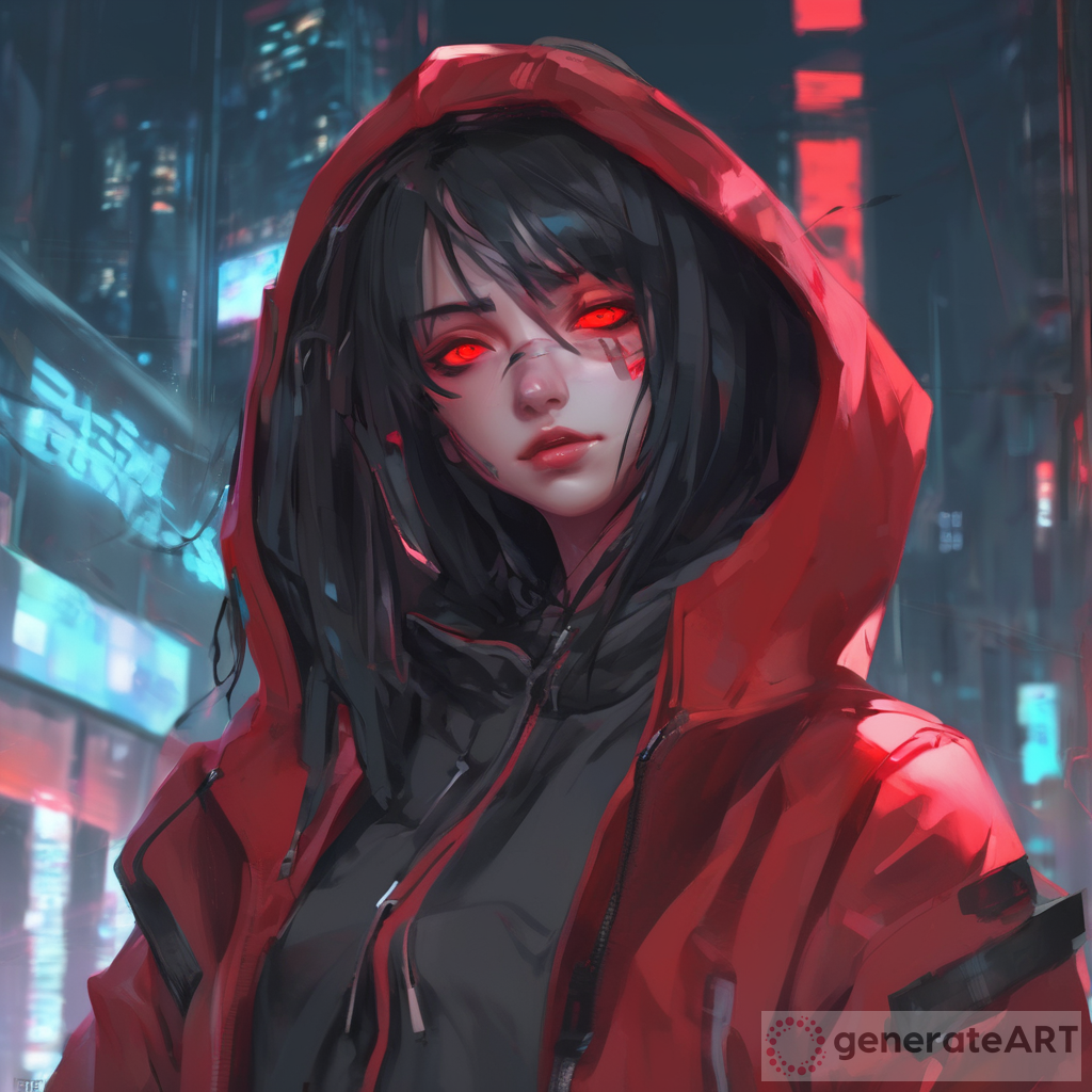 Cyberpunk Anime Art: The Enigmatic Girl in the Hoodie with Fiery Red Eyes