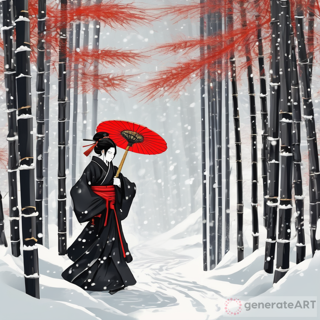 The Distant Lady Samurai in the Snowy Forest - A Captivating Artwork