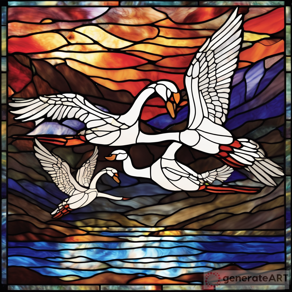 Stained Glass Swans: A Colorful Dance Over Fiery Waters