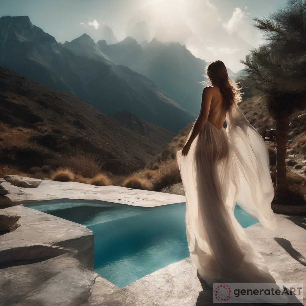 The Serene Journey of a Woman into the Mountain Pool