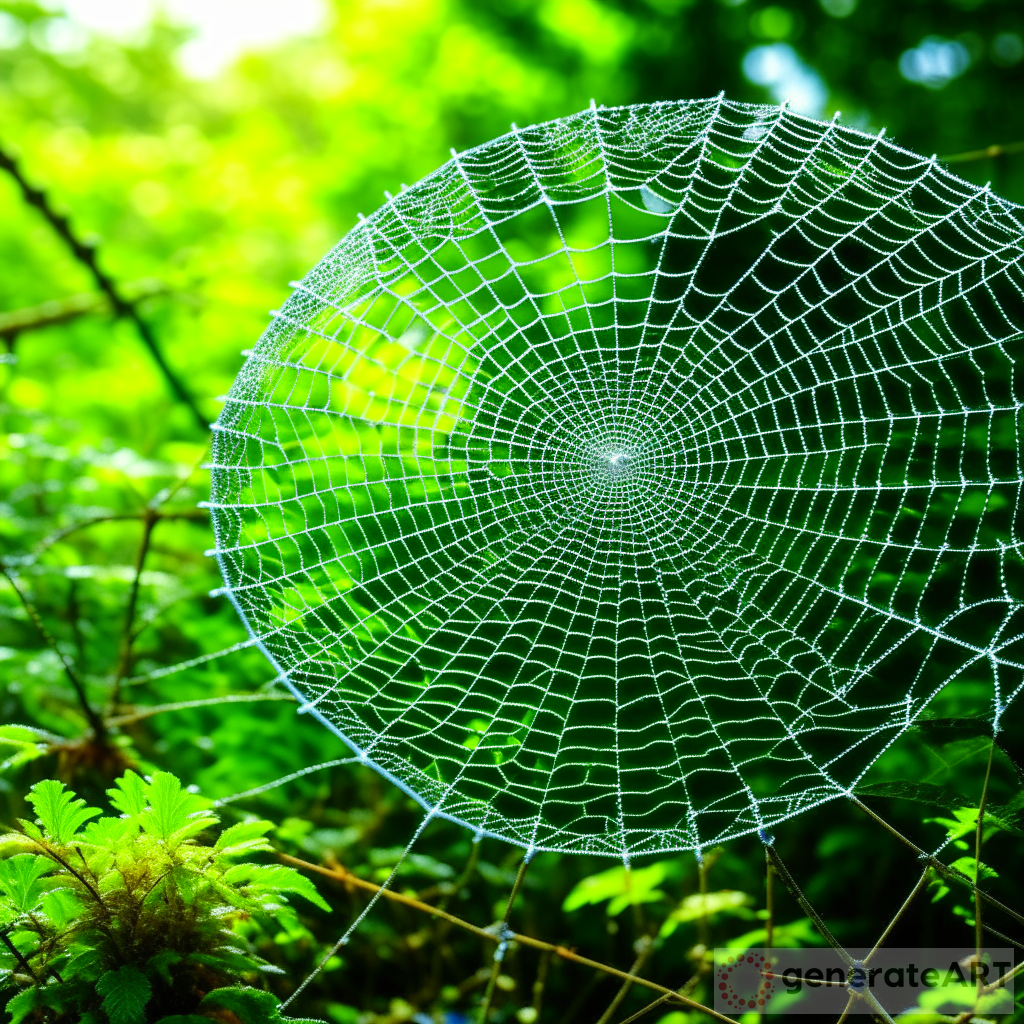 The Beauty of a Morning Dew-covered Spider Web Amidst Lush Greenery