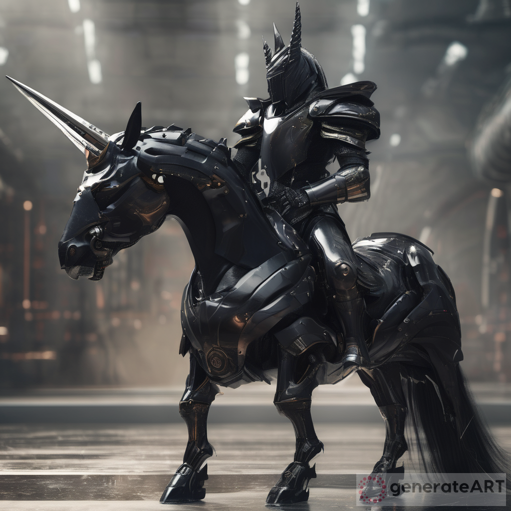 The Futuristic Battle of the Black Unicorn Wearing Armor