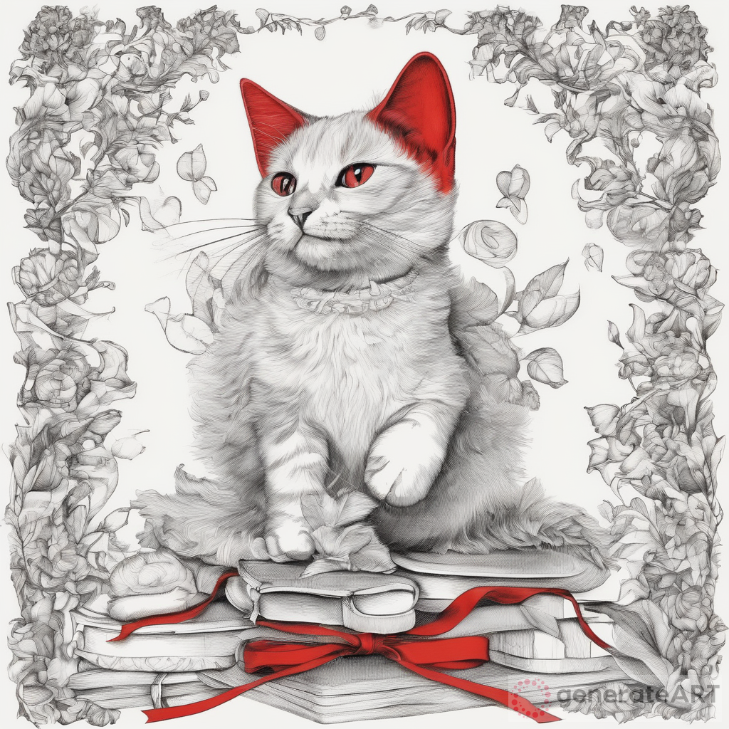 Black and White Drawing of Cute Kittens with a Red Colored Gift
