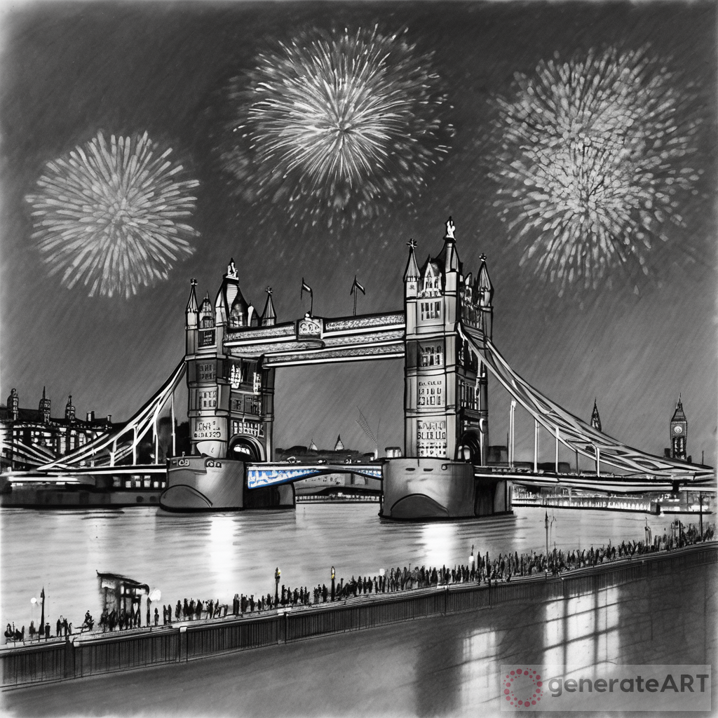 Pencil Sketch of London Bridge During Fireworks - A Spectacular Display