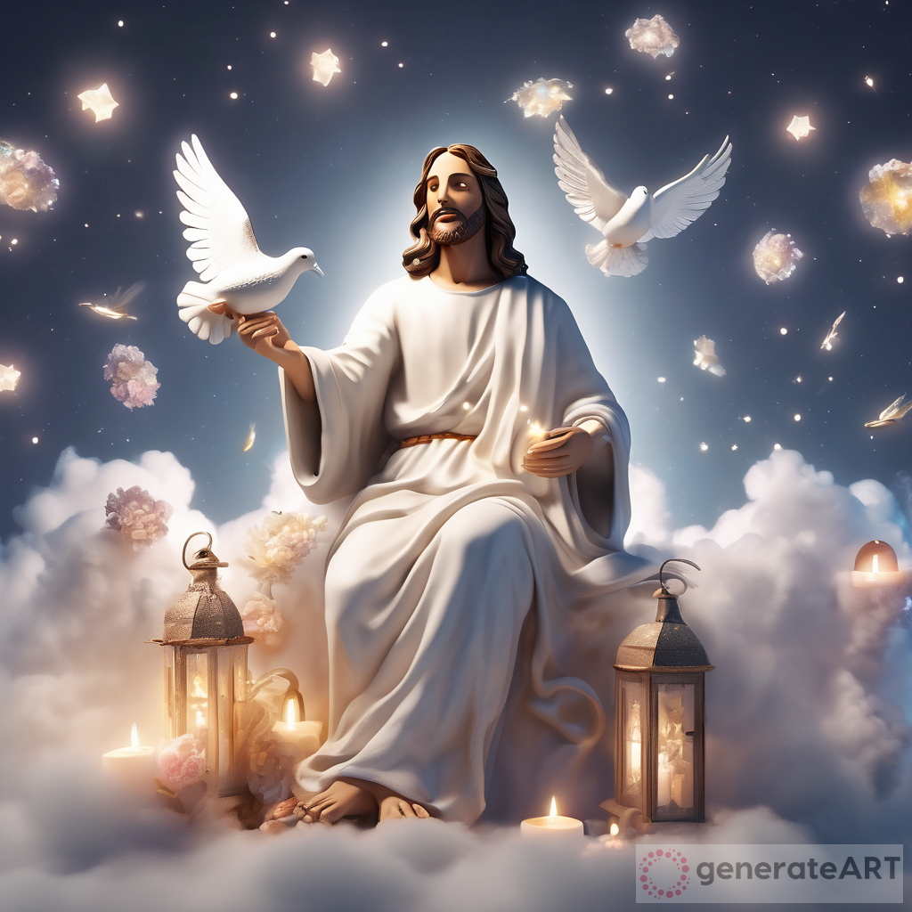 Jesus Art: A Vivid Ceramic Dove Masterpiece on Billowy Clouds
