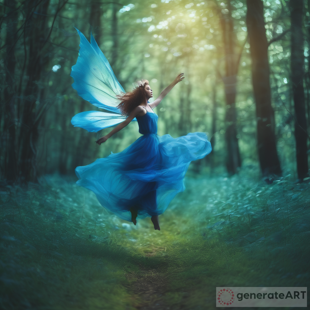 The Enigmatic Beauty of a Fairy in a Blue Dress Dancing Amidst the Green Forest