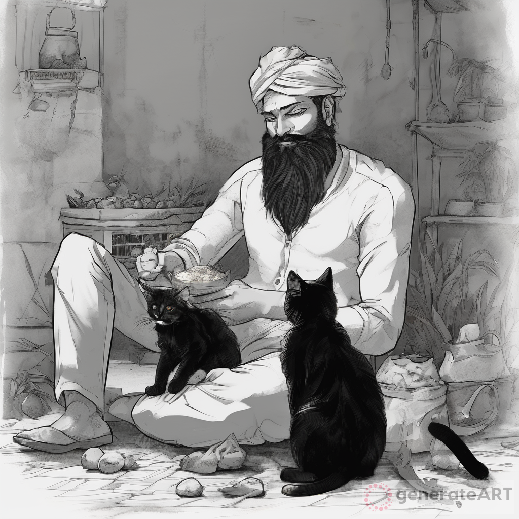 A Captivating Artwork: Human Male with Black Beard and Serwal the Cat