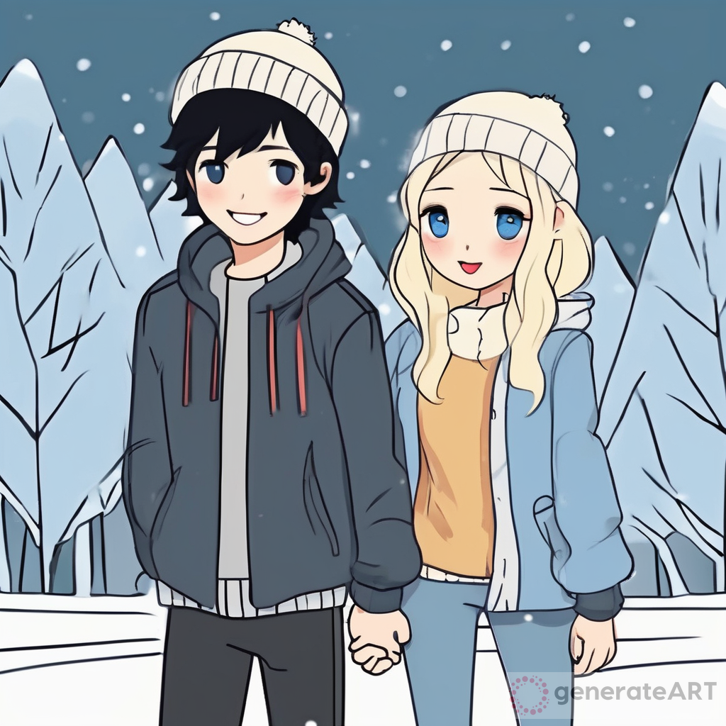 Sweet Love on Ice: A Cute Cartoon Depiction of an Asian Girl and her Blonde Boyfriend