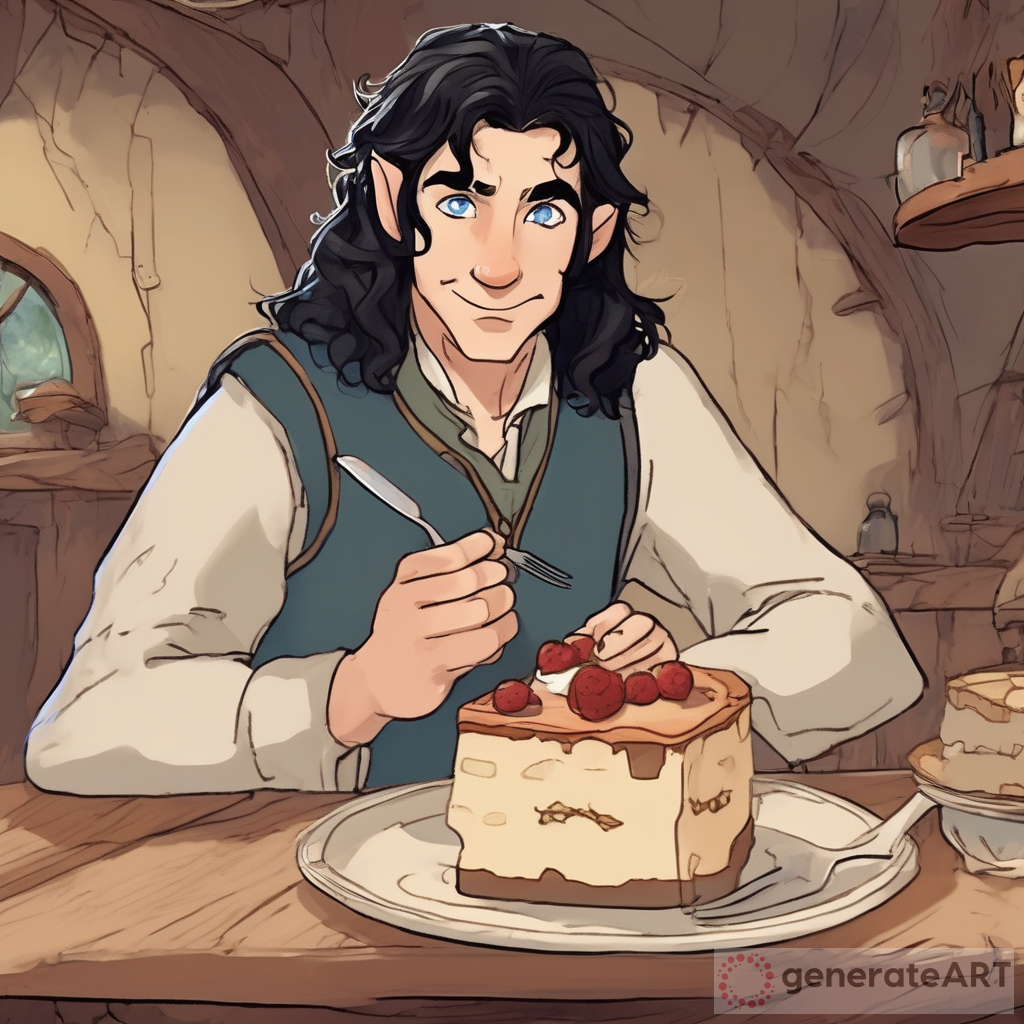 A Delightful Pixar Style Painting: The Male Hobbit Enjoying a Cheesecake