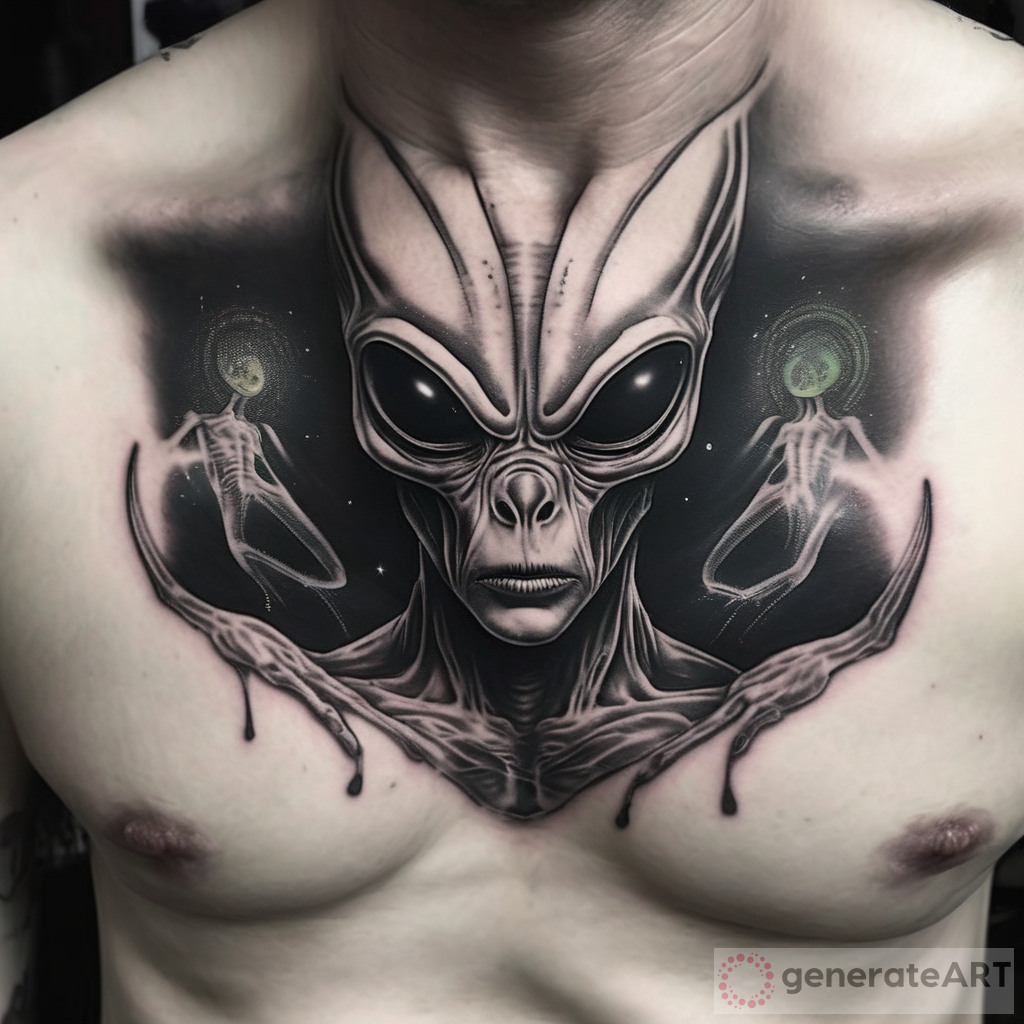 Exploring the Intricate Beauty of a Black and White Alien Panoramic Chest Tattoo