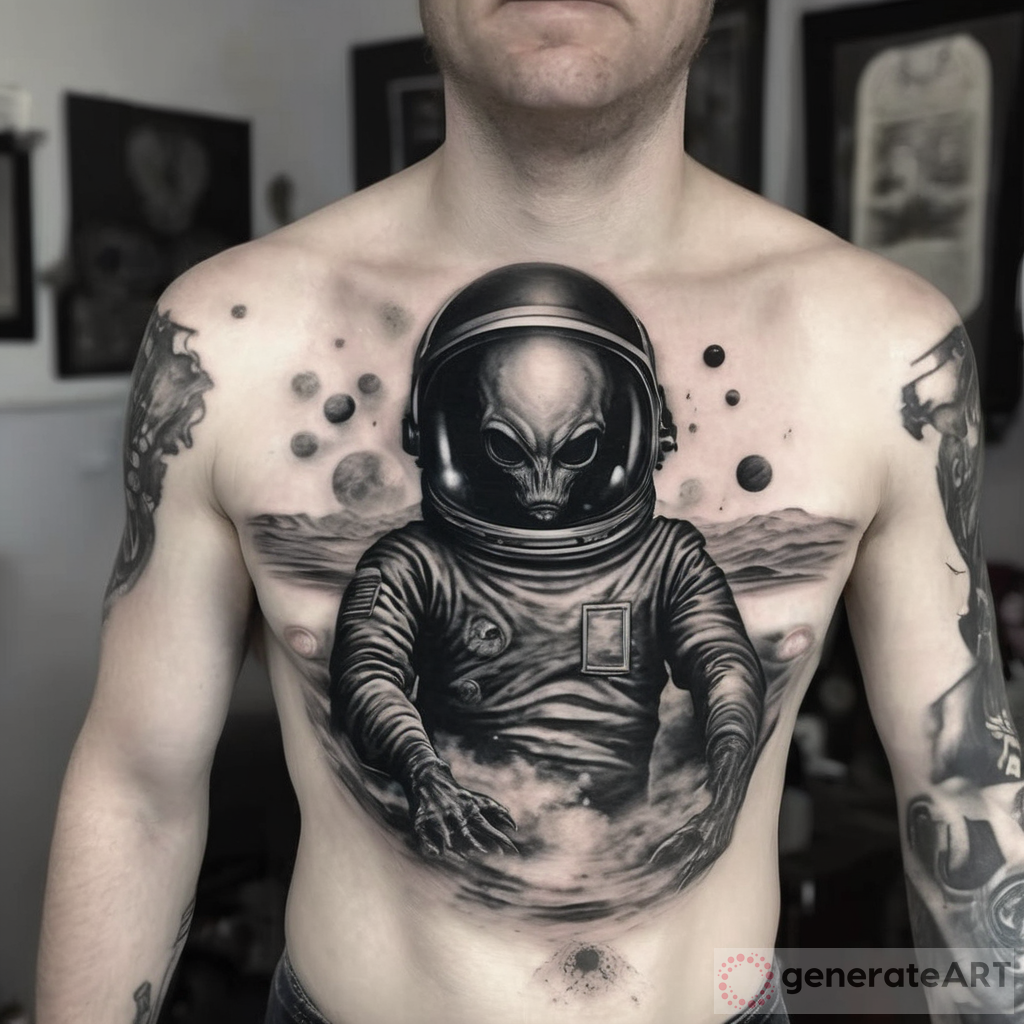 Explore the Epic Clash of Alien vs. Astronaut Panoramic Chest Tattoo