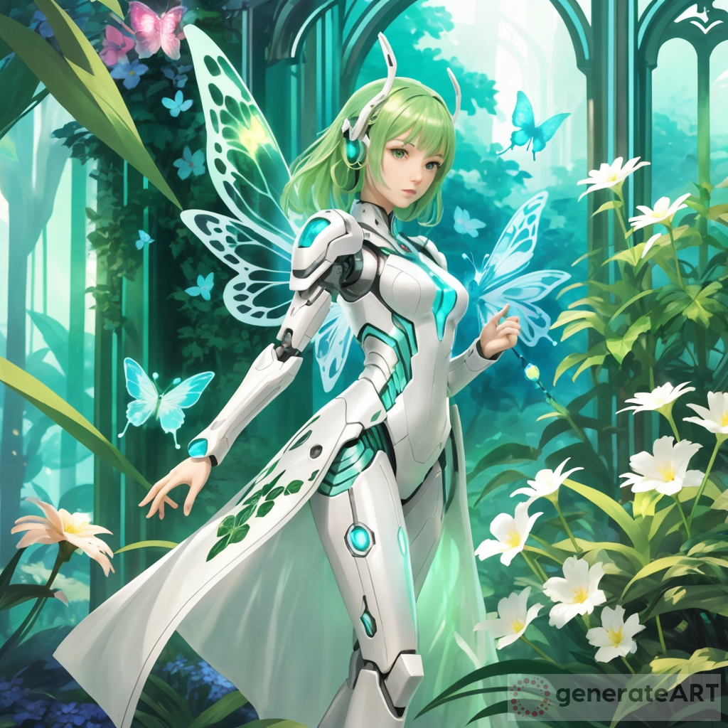 Enigmatic Android in a Serene Overgrown Garden - Anime-Inspired Art