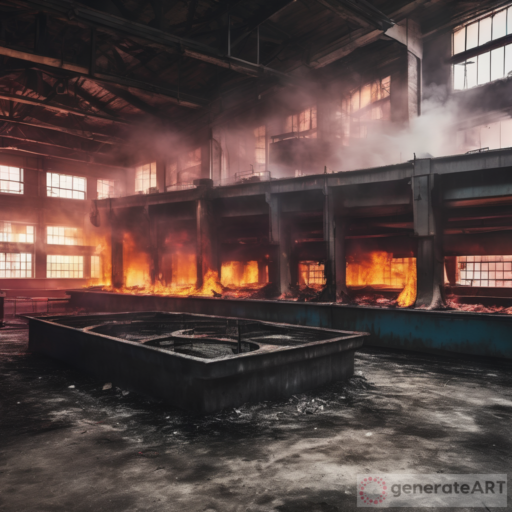 Digital Colorful Photograph of a Dirty and Empty Slaughterhouse Set on Fire