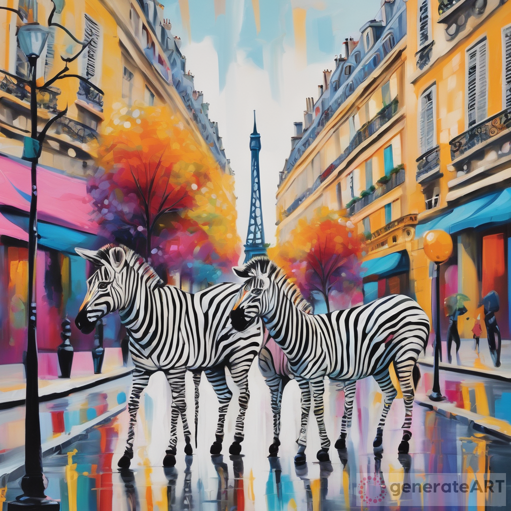 Parisian Streets with Playful Zebras: Whimsical Art