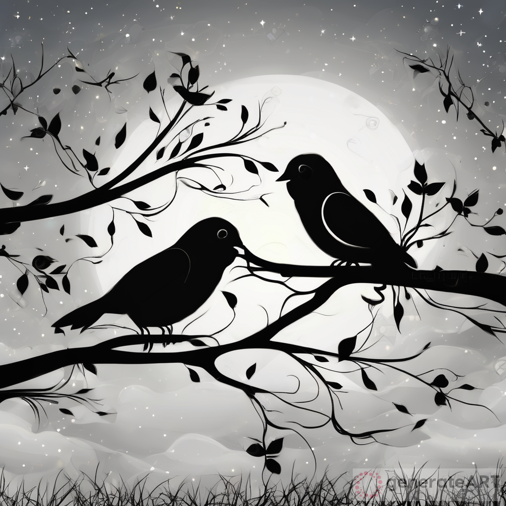 Romantic Love Birds Art Night Tree