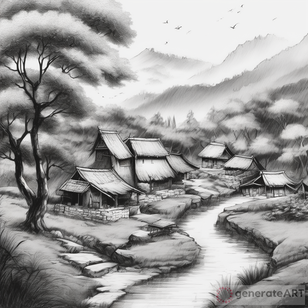 Tranquil Village: Landscape Scenery Drawing