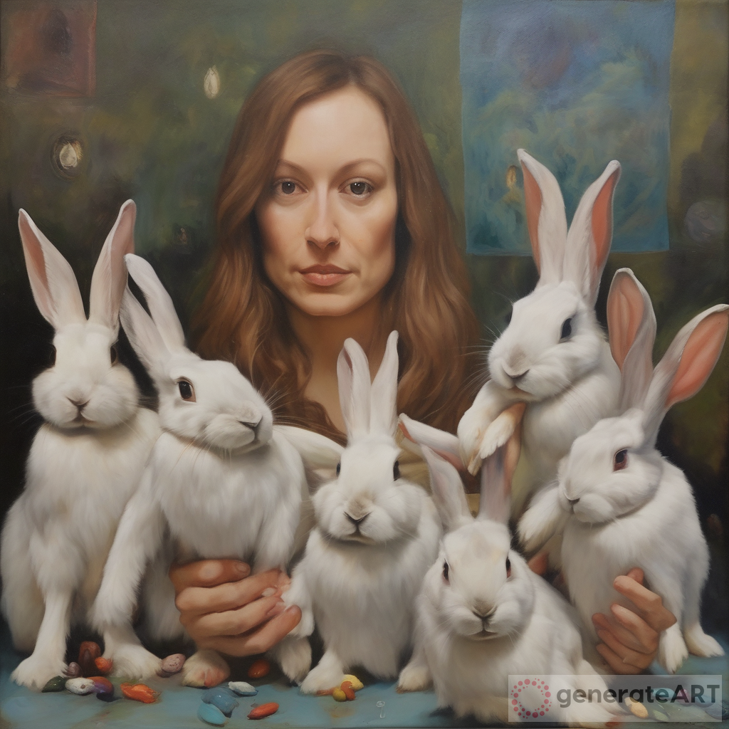 Whimsical Self Portrait with Bunnies Paintings