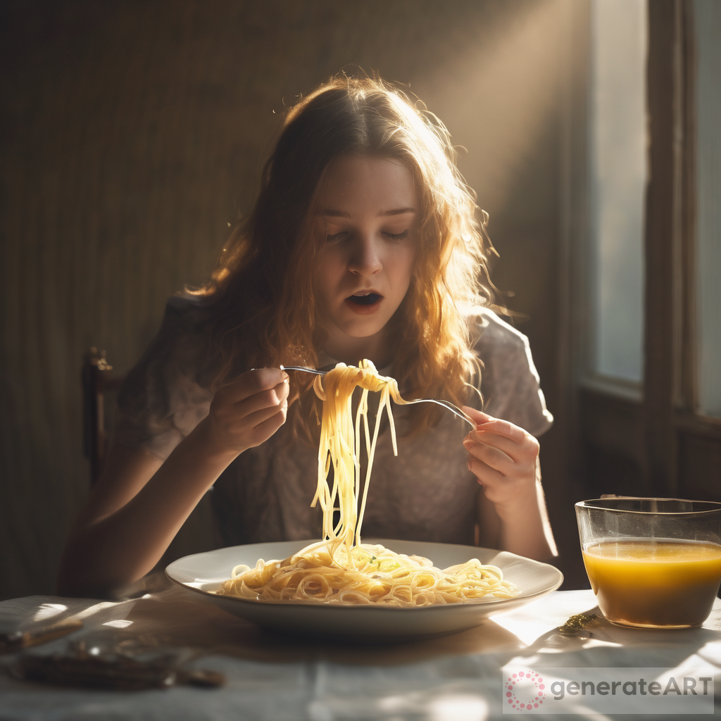 Girl Eating Pasta: Surreal Elegance Crepuscular Rays