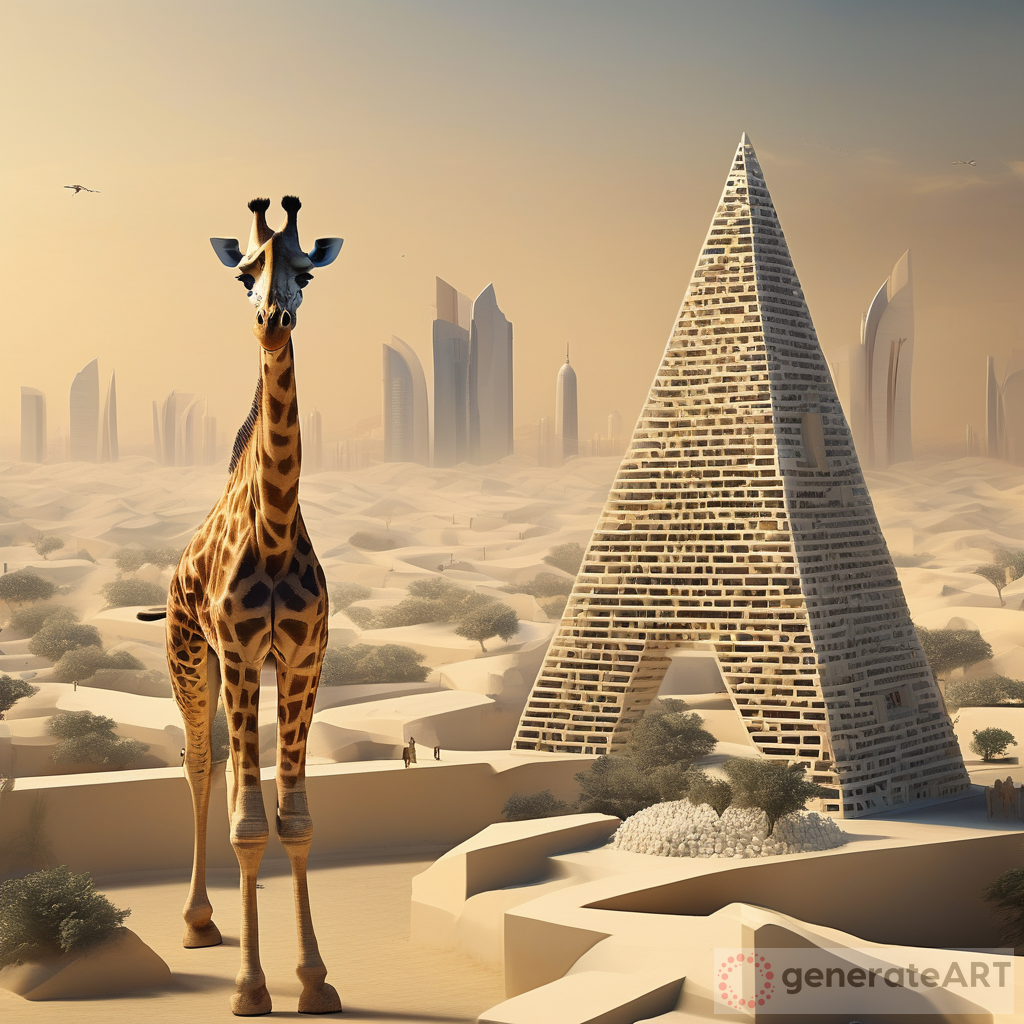 Surreal Dubai Landscape: Ziggurat Pyramid and Majestic Giraffes