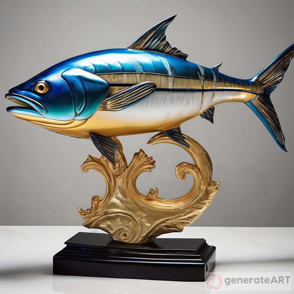 Regal Kingfish Sculpture: Fiberglass, Metal Engravings, Gold Accents