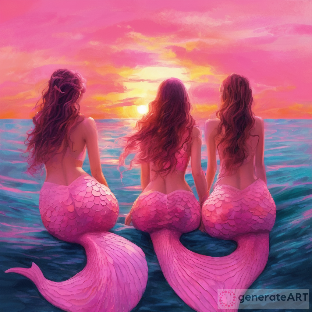 Enchanting Pink Mermaids Sunset Art