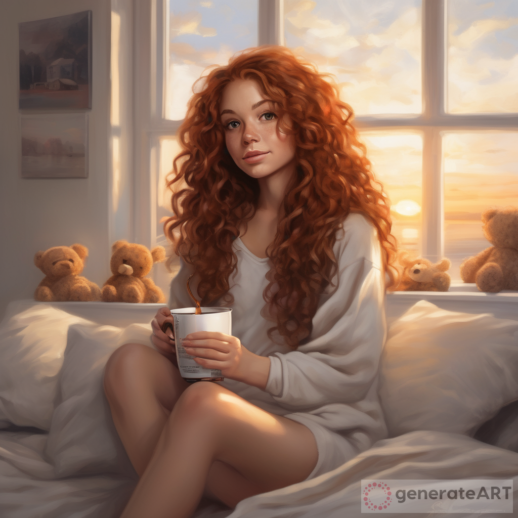 Tranquil Oil Painting of Chibi Woman at Sunrise