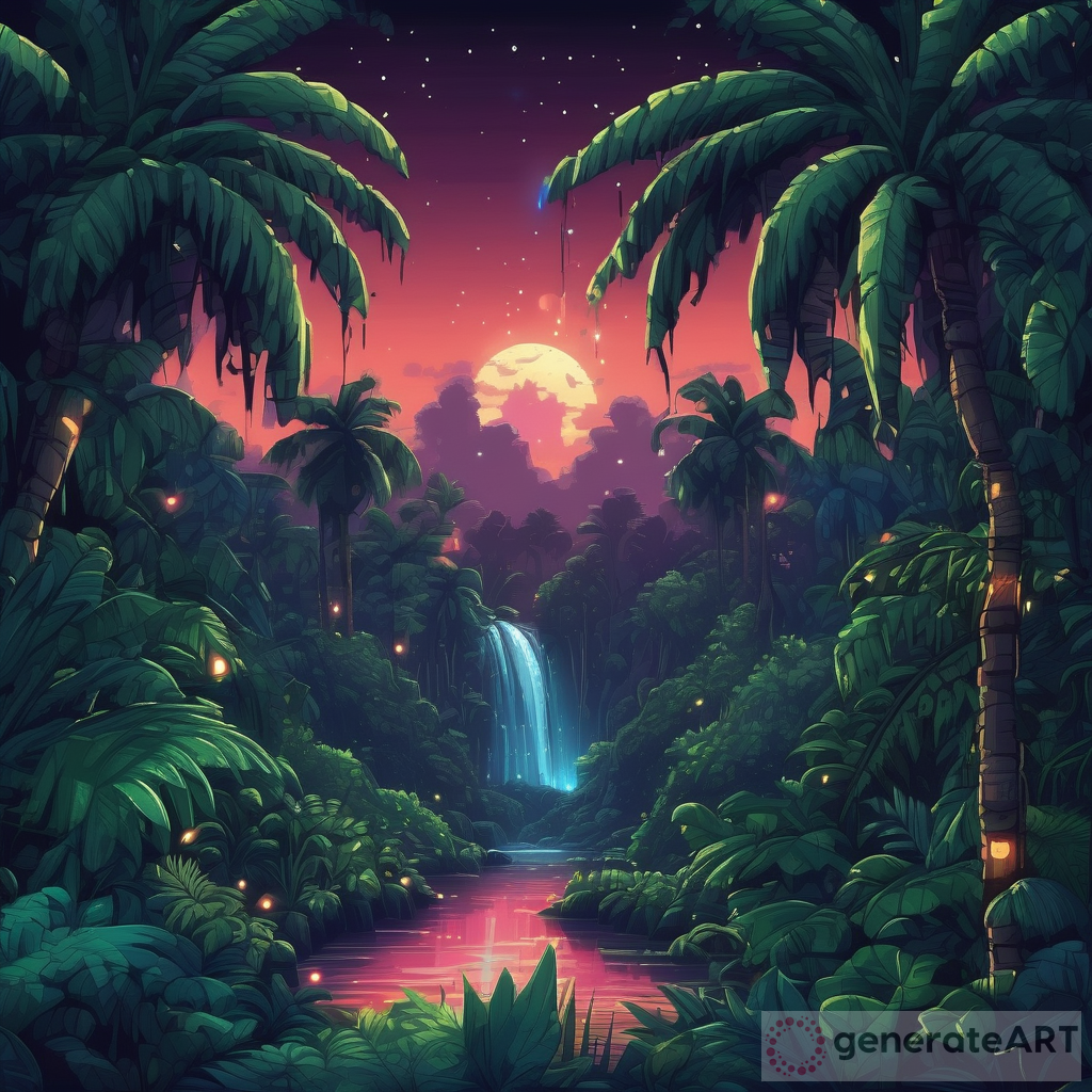 Enchanting Tropical Jungle at Night - 16-bit Pixel Art