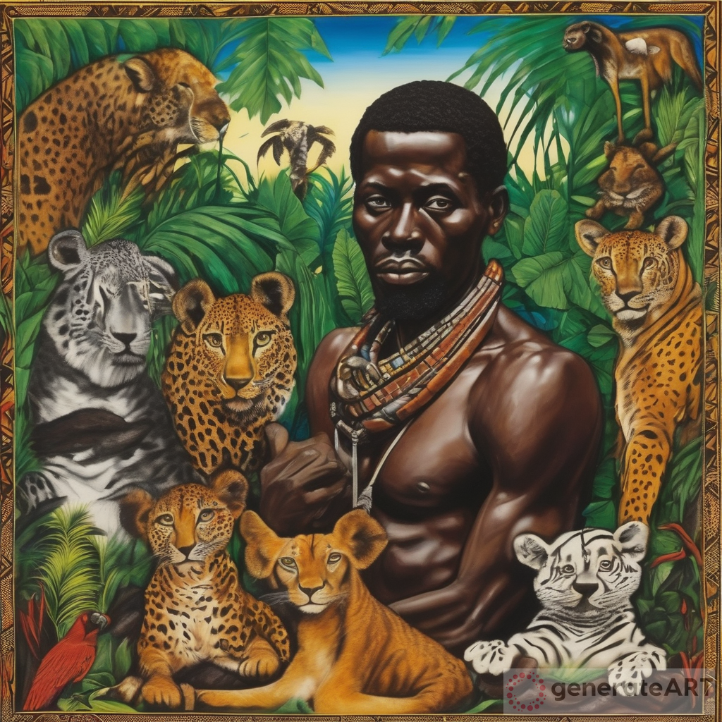 African Art: Man in Jungle with Animals